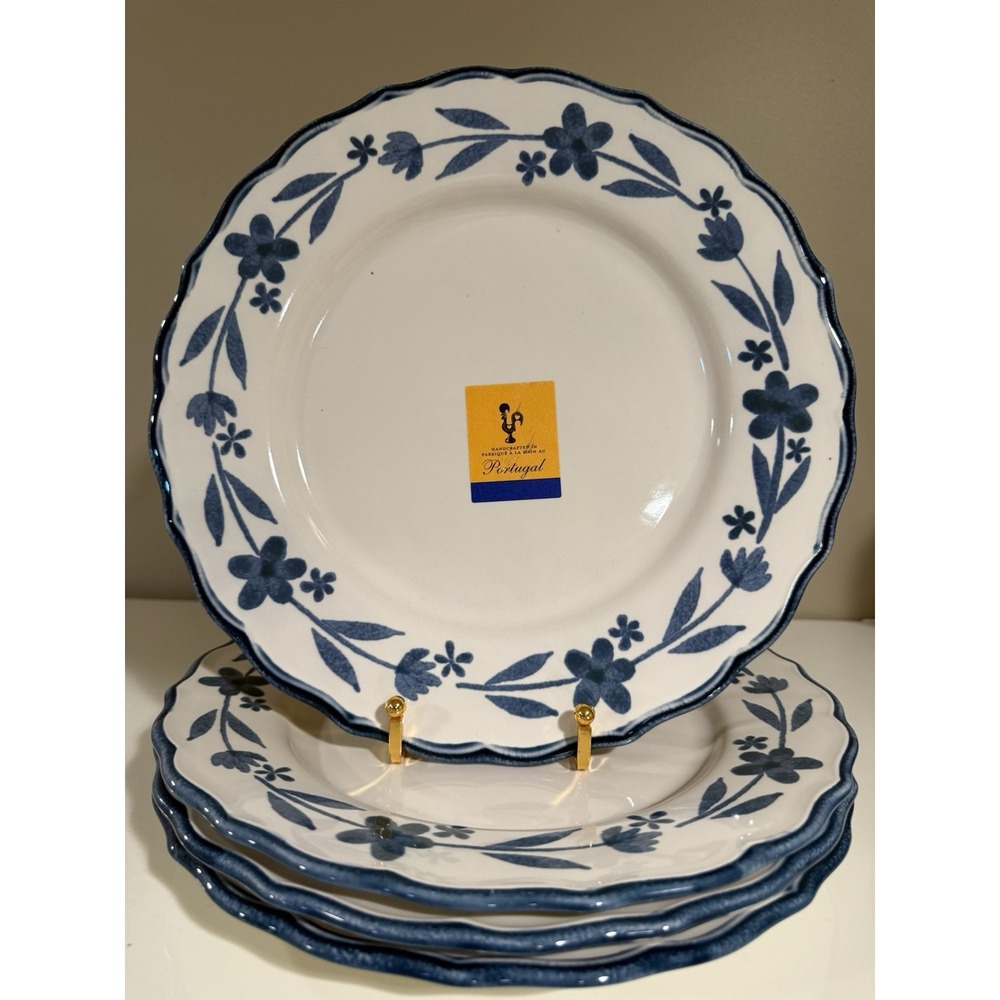 4 Matceramica Stoneware Dinner Plates Blue Floral Scalloped 11" Portugal New